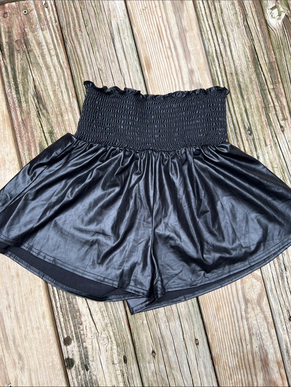 Love Peach of California Women's Black Smocked Waist Faux Leather Shorts
